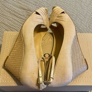 Ann Taylor LOFT Women Sz 8.5 Linen Fabric 3”Wedge OpenToe Ankle Strap Espadrille